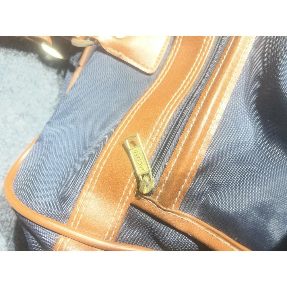 Jaguar Navy Blue Nylon Duffel Bag Tan Trim Travel Luggage Weekend‎ Bag